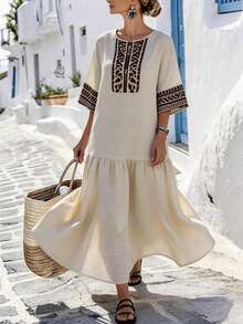Wandoria Women's Beige Summer Boho Vacation Holiday Dress,Elegant Khaki Floral Print Round Neck Mid-Sleeve Ankle-Length Urban Chic Daily Wear Wedding Gala - Apricot - View 1