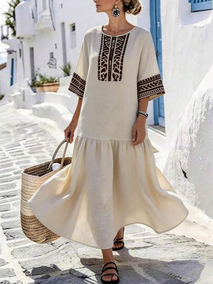 Wandoria Women's Beige Summer Boho Vacation Holiday Dress,Elegant Khaki Floral Print Round Neck Mid-Sleeve Ankle-Length Urban Chic Daily Wear Wedding Gala - Apricot - View 1
