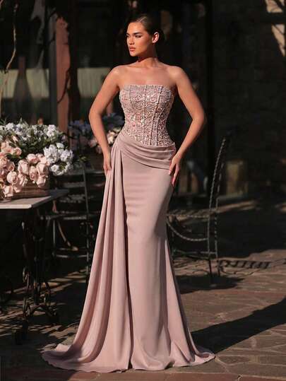 Glamrae Elegant Lotus Pink Luxury 3D Sequins Patchwork Asymmetrical Pleated Slimming Top, High Waist Flattering Flowy Dress Suitable For Dates, Vacations, Singles Parties, Weddings, And All Formal Occasions, Women's Evening Gown