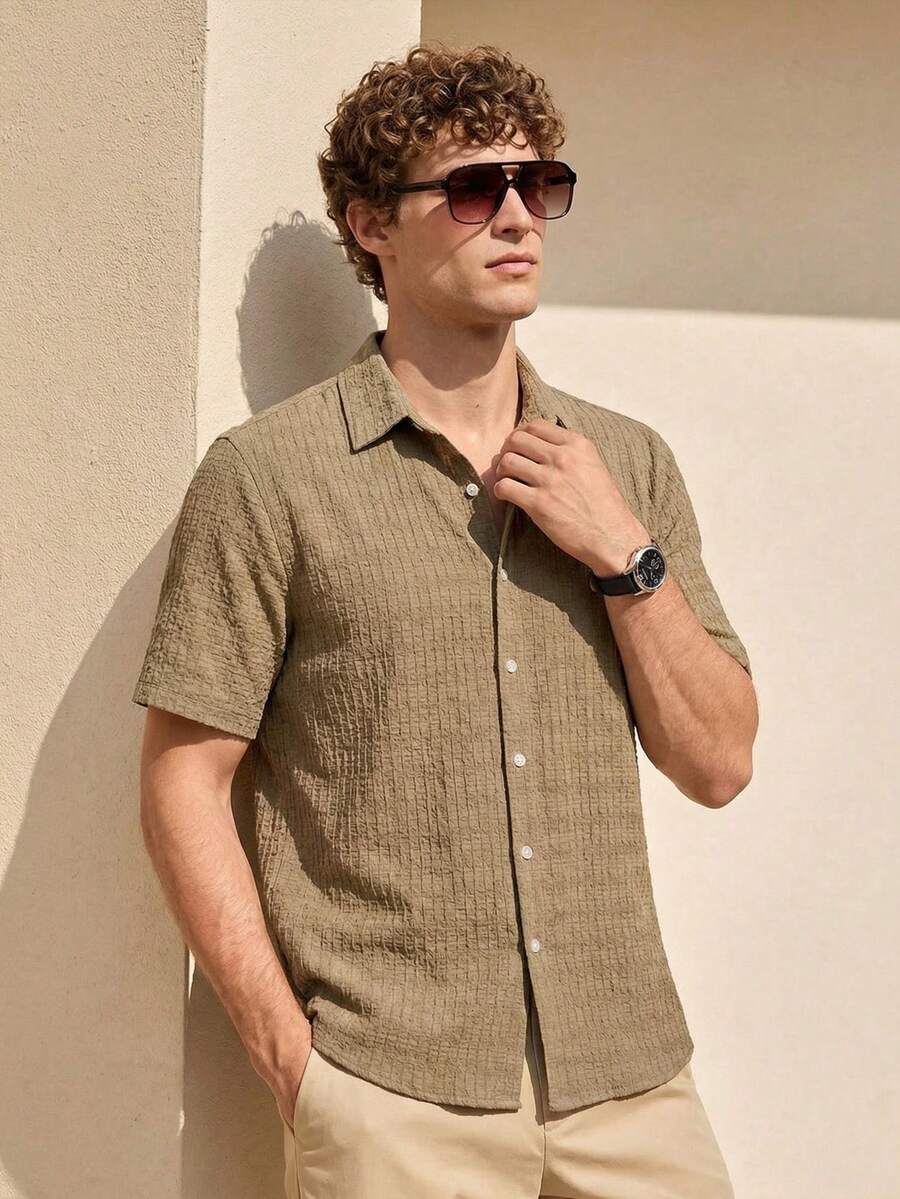 Manfinity CityGents Áo sơ mi nam tay ngắn cài cúc kiểu dáng thường ngày, thoải mái và đa năng, thích hợp mặc hàng ngày vào mùa hè. - Cà phê nâu - Xem 1