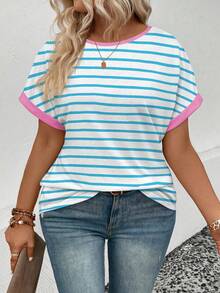 EMERY ROSE Camiseta casual versátil de talla grande con cuello redondo, manga corta y estampado de rayas para mujer, nueva colección primavera/verano - Blanco - Ver 4