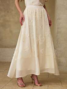 MOTF PREMIUM SPRING/SUMMER NEW BEADED EMBROIDERY PATCHWORK FABRIC A-LINE SKIRT, CLASSIC VERSATILE WOMEN'S SKIRT - Apricot - View 4