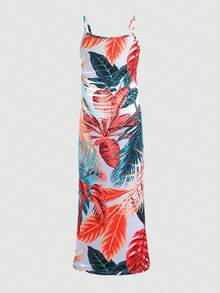 SHEIN 少女休闲度假黑色热带花卉印花开衩裙 - 彩色 - 查看 2