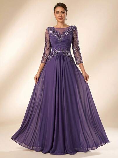 Serin Vestido de línea A de malla transparente con bordado floral de lentejuelas y cuentas, elegante y lujoso, adecuado para boda, fiesta, vacaciones, novia, madre de la novia, vestido de noche