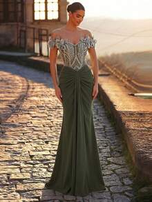 Glamrae 优雅奢华露肩袖串珠刺绣网纱拼接弹力褶皱鱼尾连衣裙，适合婚礼、派对、度假、晚宴等场合（重磅款） - 橄欖綠 - 查看 6