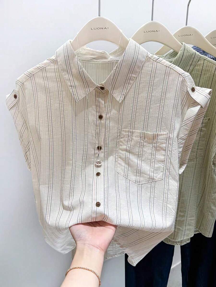 GlowEve Women's Striped Single-Breasted Casual Versatile Daily Wear Shirt - Beige - View 1