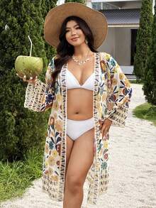 Swim Vcay 大尺碼米色波希米亞風度假夏季泳裝，復古花卉長款罩衫，海灘度假村和服式外套 - 彩色 - 查看 6