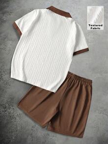 Manfinity Homme 男士撞色V领短袖T恤套装（2件装）搭配抽绳松紧腰短裤，休闲百搭，适合度假、日常办公、约会、聚餐等场合，简约风格，经典山本耀司设计，自穿或送礼皆宜，必备单品 - 彩色 - 查看 2