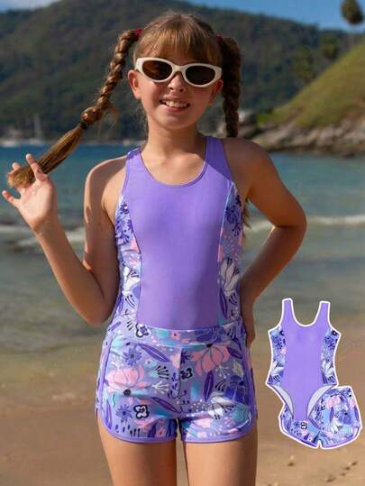 Sparklyn Girls' One-Piece Swimsuit With Shorts, Printed & Solid Color Patchwork Tankini With Boyshort Bottoms, Suitable For Summer, Surfing, Beach, Vacation, Pool