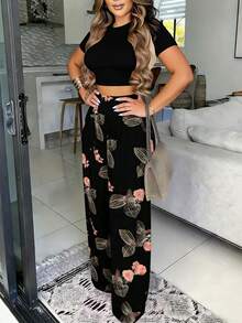 Conjunto de Top corto con estampado floral y pantalones largos con estampado de plantas para mujeres, ideal para primavera/verano - Negro - Ver 8