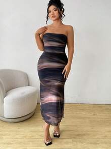 SHEIN PETITE CURVE 大码扎染网纱无肩带开衩修身连衣裙 - 棕色 - 查看 4