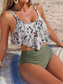 Swim Lushoire 女士印花吊带背心上衣和纯色褶皱三角吊带泳裤套装 - 綠色 - 查看 1