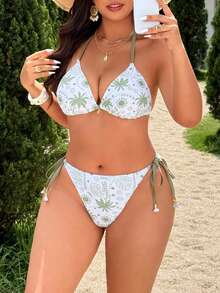 Swim Mod Bộ bikini 2 mảnh thời trang dành cho nữ cỡ lớn năm 2026, họa tiết cây cọ xanh ngẫu nhiên, kiểu dáng dễ thương, buộc dây cổ, gợi cảm, thích hợp cho kỳ nghỉ. - màu xanh lá - Xem 1