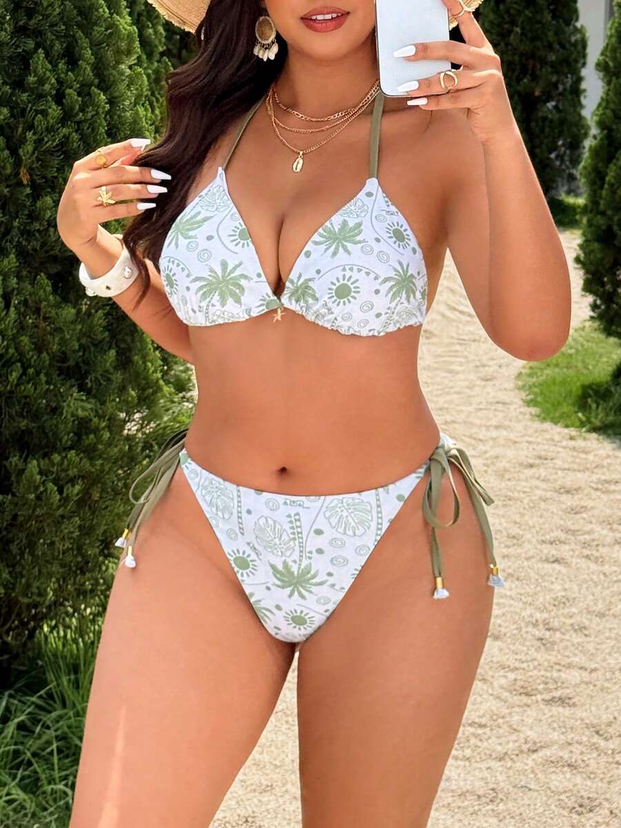 Swim Mod Bộ bikini 2 mảnh thời trang dành cho nữ cỡ lớn năm 2026, họa tiết cây cọ xanh ngẫu nhiên, kiểu dáng dễ thương, buộc dây cổ, gợi cảm, thích hợp cho kỳ nghỉ. - màu xanh lá - Xem 1