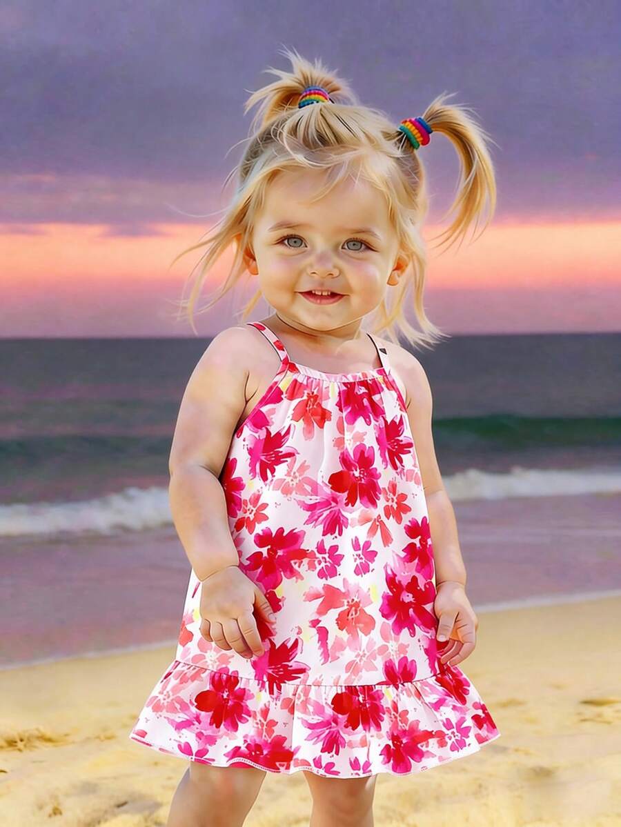 SHEIN Playful Pals 女婴无袖连衣裙,色彩鲜艳的花卉印花,清新亮丽,适合女婴夏季外出、日常穿着和海滩旅行。 - 彩色 - 查看 1