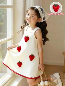SHEIN Elladie kids 女童可爱简约新款连衣裙，正面草莓3D贴花，波浪形下摆红色装饰，镂空杏色面料，无袖吊带裙，适合可爱、俏皮、淑女的休闲穿着，适合日常上学、海滩度假、郊游等场合。春夏女童无袖连衣裙，夏季连衣裙，儿童白色可爱连衣裙，Ehomkid女童派对连衣裙，草莓连衣裙，儿童草莓连衣裙，优雅刺绣女童夏季连衣裙，优雅派对连衣裙，夏季服装。 - 彩色 - 查看 7