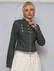 COUREZ Áo khoác denim ôm dáng kiểu tay trống / Áo khoác denim ôm dáng phong cách Y2K mùa thu đông, chất liệu denim nhẹ, cài nút và khóa kéo phía trước, thích hợp cho dịp đêm giao thừa. - xanh quân đội - Xem 5