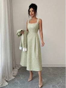 Elenzga Vestido sin mangas con parches de color azul y blanco con bolsillos con botones, conjunto elegante y casual para mujeres - Verde Pastel - Ver 4