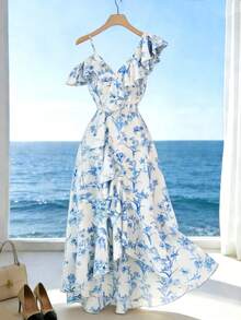 Elenzga 全新女式 V 领不对称肩部不对称荷叶边下摆设计休闲日常优雅连衣裙 - 藍白色 - 查看 3