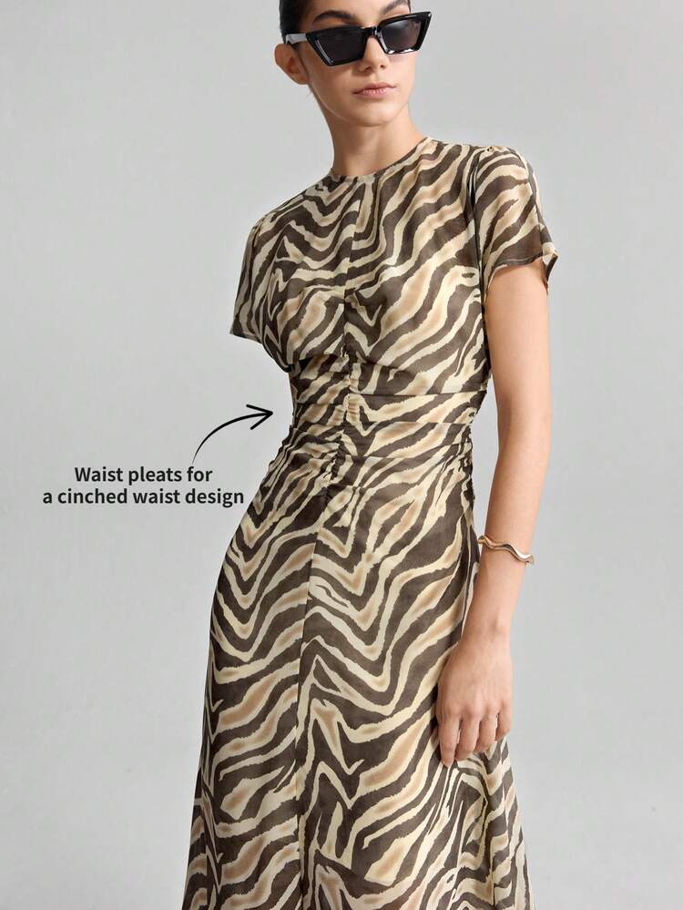 Women's Elegant Summer Zebra Print Brown Checkered Dress,Short Sleeve Round Neck Flared Long Skirt,Urban Casual Brunch Apparel,2025 New Arrival