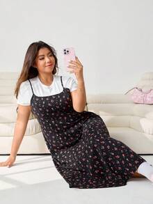 Solflare 2026春夏新款休闲日常穿着派对约会生日音乐节返校通勤度假情人节多场合连衣裙，吊带高腰露背黑色底红色碎花中长连衣裙，大码 - 彩色 - 查看 3