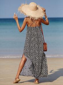 EMERY ROSE Ditsy Floral Print Split Thigh Cami Dress Maxi Women Outfit - Black and White - View 2