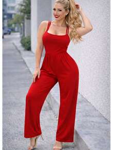 Enterizo Largo de Pata Ancha en Tela Brush Suave - Enterizo Casual de Tirantes con Ajuste en Cintura - Rojo - Ver 5