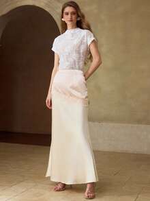 MOTF PREMIUM 优雅精致时尚玫瑰刺绣短袖立领女式上衣T恤 - 白色 - 查看 4