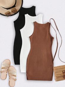 SHEIN 3pcs/Set Teen Girl's Solid Color Knit Round Neck Sleeveless Fitted Casual Dress Casual Dresses For Women Summer Ribbed Dresses - Brown - View 2