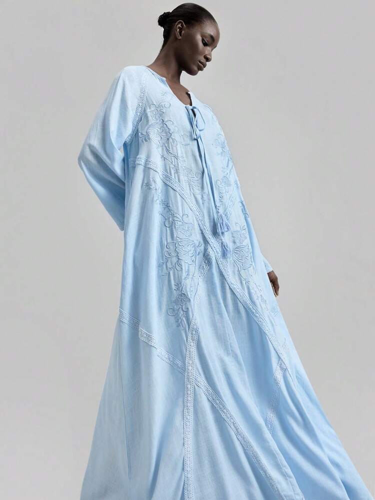 2026SS New Arrival Women's Long Dress, Blue Embroidery, Woven Fabric, Loose Fit, Spring/Summer