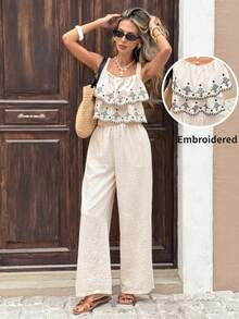 Conjunto de 2 piezas de camiseta de tirantes con bordado floral y volantes, y pantalones de pierna ancha, para vacaciones - Multicolor - Ver 6