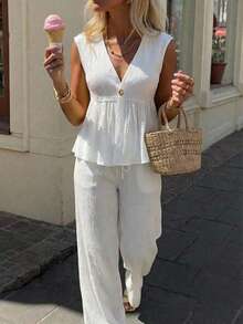 Firerie Bộ đồ nữ đơn sắc tối giản gồm áo không tay và quần, thích hợp mặc hàng ngày. - Màu be - Xem 2