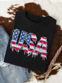 EMERY ROSE Camiseta casual de talla grande con estampado de letras de estrellas y rayas estilo retro estadounidense - Negro - Ver 3