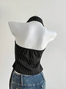 Elamini Áo sơ mi nữ cổ yếm thời trang kẻ sọc cài nút bên hông - màu đen - Xem 2