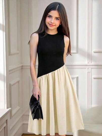 少女休闲无袖拼接撞色开衩连衣裙