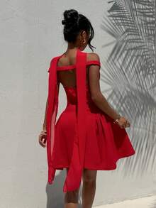 Aloruh 红色无肩带露背收腰A字迷你连衣裙，适合婚礼、情人节、约会、派对等场合。 - 紅色 - 查看 10
