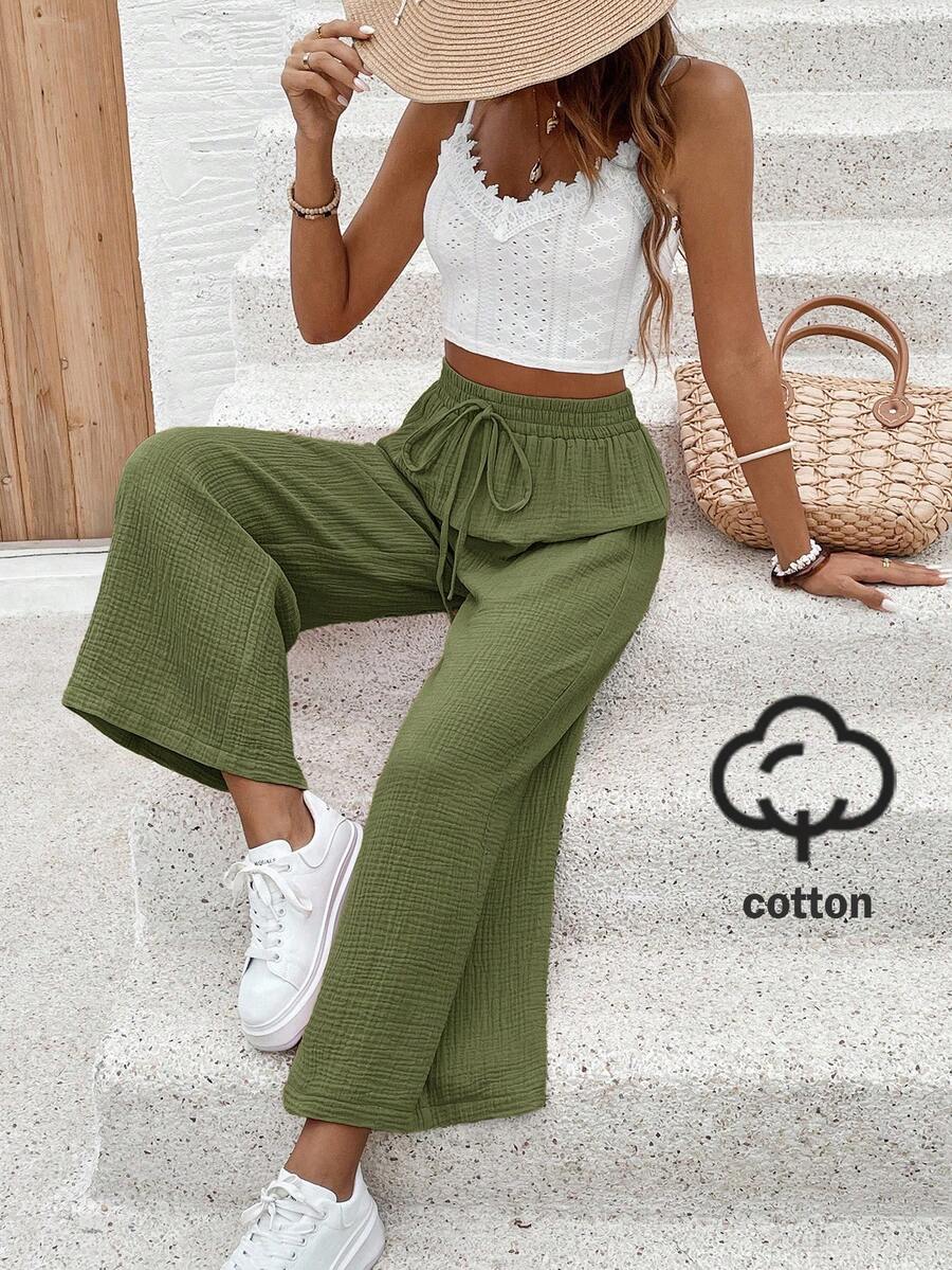 SHEIN Frenchy 女士度假休闲纯色阔腿裤 - 軍綠色 - 查看 1