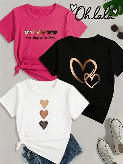 Paquete de 3 Playeras Casuales de mujer, Cuello Redondo, Manga Corta, Estampado "Corazones", Hecho en México, ofrece un estilo casual con gráficos modernos, su corte básico es ideal para el uso diario y combinaciones versátiles.