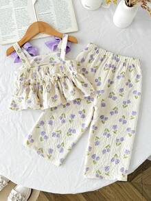 Bộ 2 món cho bé gái, chất liệu chiffon, họa tiết hoa nhí, nơ trang trí, kiểu dáng thường ngày, gồm áo vest và quần, màu tím nhạt. - Màu tím hoa cà - Xem 4