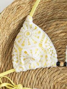 Swim Vcay 新款奢华优雅两件套白色钩编蕾丝和焦糖/棕色三角比基尼，女士款，挂脖式泳衣上装饰有木珠，性感高衩丁字裤泳装，适合夏季海滩泳池度假，复古Y2K辣妹风泳装，音乐节、热带海岸早午餐、海岛度假及摩登风情。 - 黃色 - 查看 5