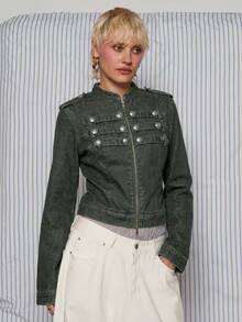 COUREZ Áo khoác denim ôm dáng kiểu tay trống / Áo khoác denim ôm dáng phong cách Y2K mùa thu đông, chất liệu denim nhẹ, cài nút và khóa kéo phía trước, thích hợp cho dịp đêm giao thừa. - xanh quân đội - Xem 6