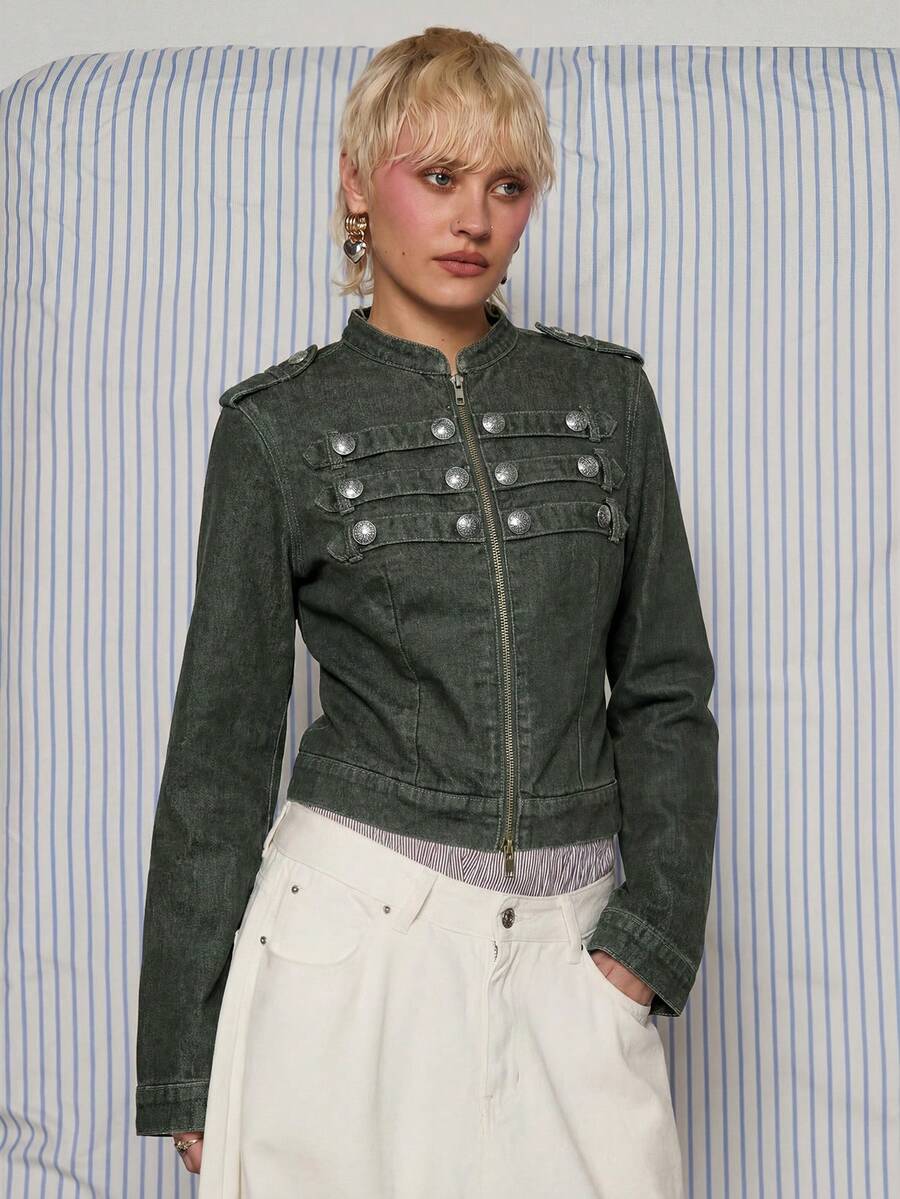 COUREZ Fitted Denim Drummer Military Napoleon Jacket , Y2K Fall Lightweight Button Zip Front Autumn Club - Army Green - View 1