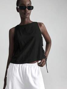 Ontre 2026春夏斯德哥尔摩风格，女士教师套装，女士休闲宽松音乐节套装，度假风，亚麻材质，侧边蝴蝶结装饰，黑色圆领无袖上衣，女士衬衫，商务休闲日常穿着 - 黑色 - 查看 3