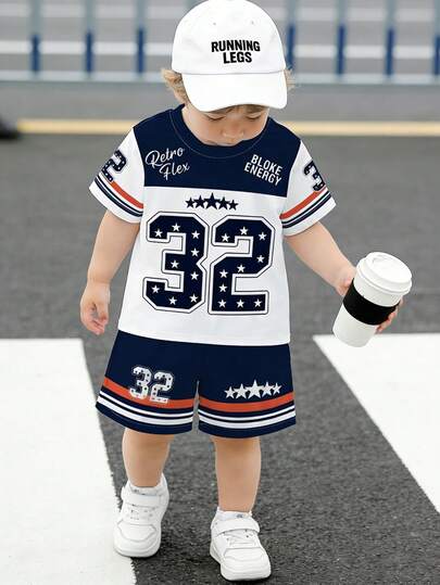 1 Set Toddler Boys' Retro Sports Style Numeric 32 Striped Star Print Color Block Short Sleeve T-Shirt And Shorts Set, Casual Fashion Blue And White Contrast Color, Suitable For Outdoor, Daily Play And Sports In Spring And Summer