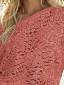 Balvessa All Season New Arrival Loose Fit Crew Neck Raglan Sleeve Ribbed Cuff & Hem Hollow Out Pattern Casual Women Pullover Sweater - Dusty Pink - View 5