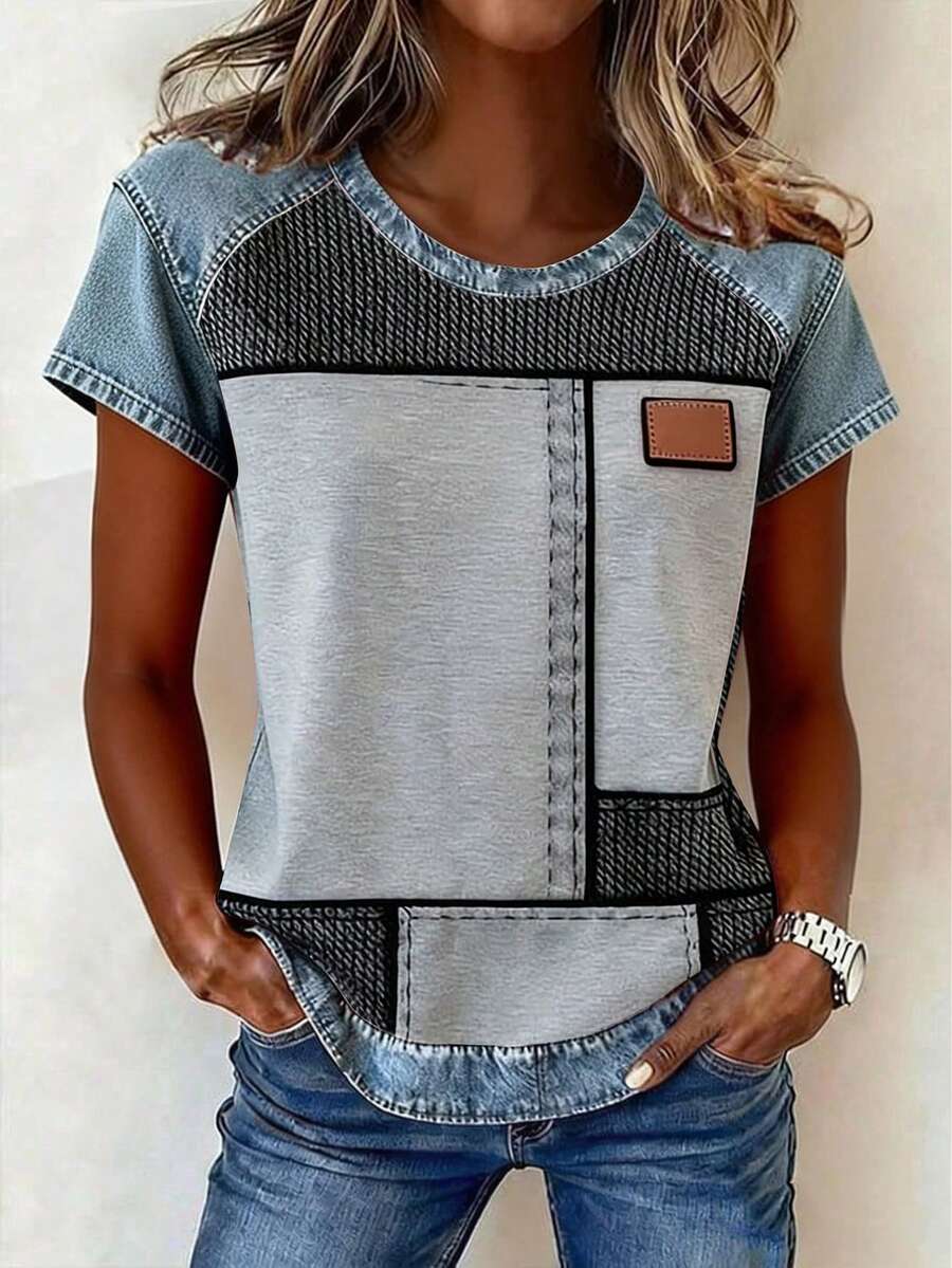 EMERY ROSE Women's Denim Patchwork Round Neck Short Sleeve T-Shirt - Multicolor - View 1