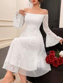 Modelyn French White Lace Off-Shoulder Long Sleeve Mesh Flared Dress - Pearl White - View 1