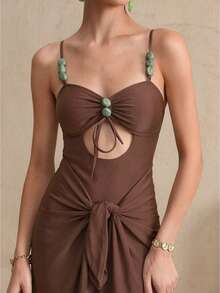 Swim Oasis Summer Vacation Sexy Solid Color Hollow Out Halter Turquoise Accessories Spaghetti Strap Women One-Piece Swimsuit & Sarong Maxi Dress - Brown - View 1