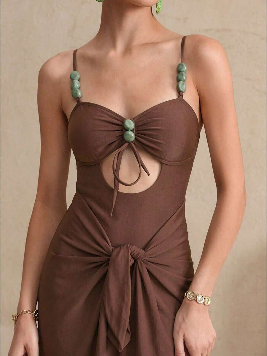 Swim Oasis Summer Vacation Sexy Solid Color Hollow Out Halter Turquoise Accessories Spaghetti Strap Women One-Piece Swimsuit & Sarong Maxi Dress - Brown - View 1