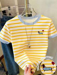 2026春夏新款女童时尚休闲舒适度假风黄蓝仿刺绣爱心狗狗印花短袖圆领T恤，适合夏季穿着 - 彩色 - 查看 3